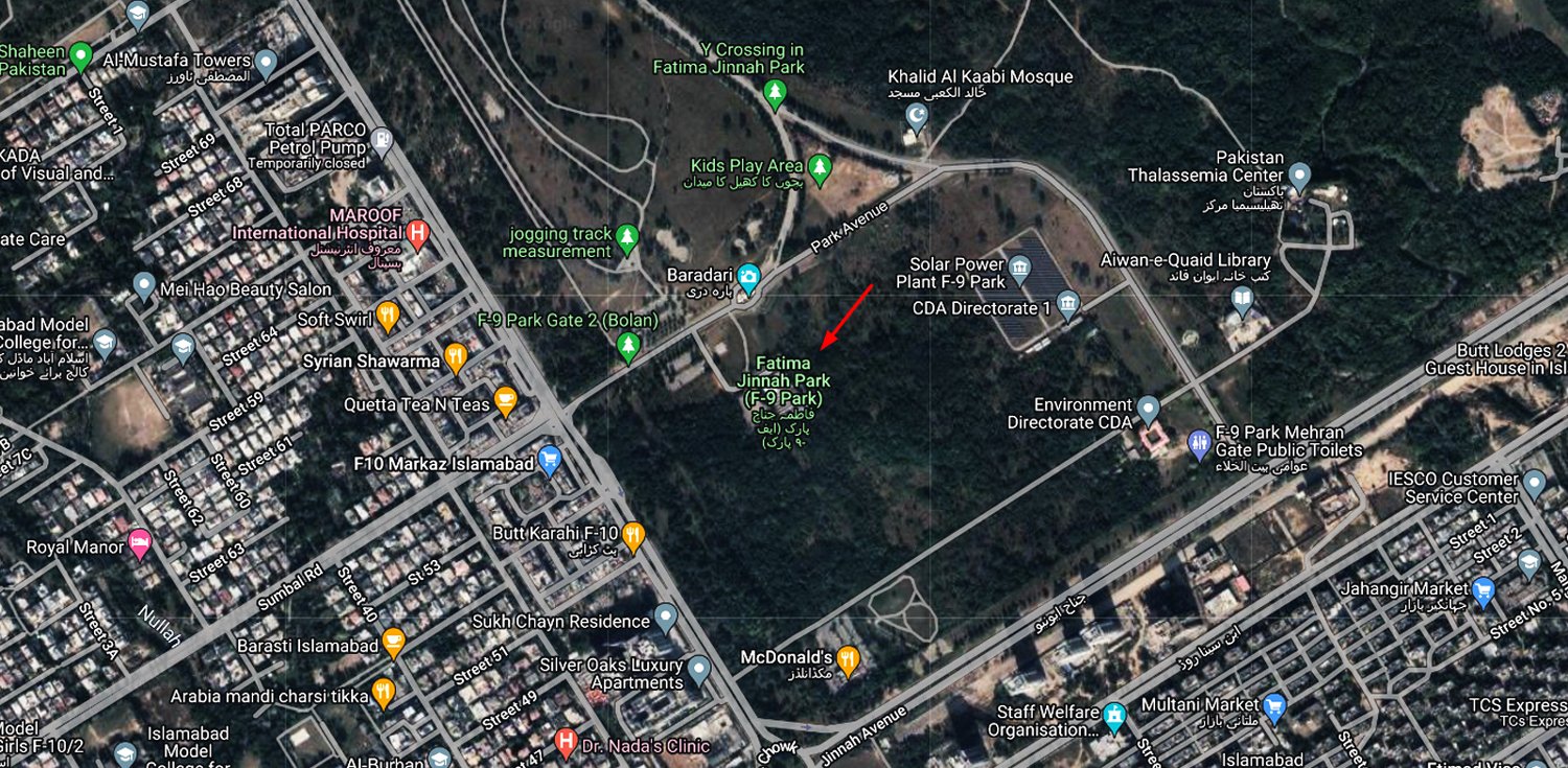 Satellite view of the park in Islamabads F-9. — Google Maps