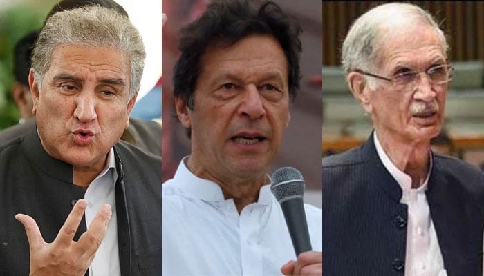 PTI liderleri Shah Mehmood Qureshi (Solda), Imran Khan (Ortada) ve Pervez Khattak.  — AFP/Reuters/PPI/Dosyalar