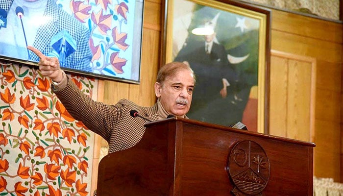 Prime Minister Shehbaz Sharif addressing the special session of Azad Jammu and Kashmir Legislative Assembly held to mark the Kashmir Solidarity Day. — APP
