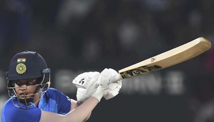 Indias Shafali Verma plays a shot against Australia in Mumbai. — AFP