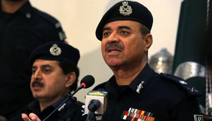 Moazzam Jah Ansari (right), head of the Khyber Pakhtunkhwa province police force, speaks during a press conference at the Police Headquarters in Peshawar on February 2, 2023. — PPI
