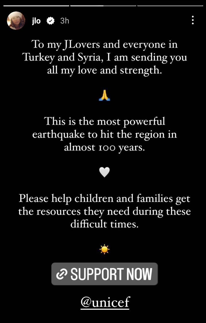 Jennifer Lopez asks people to help victims of earthquake in Turkey and Syria