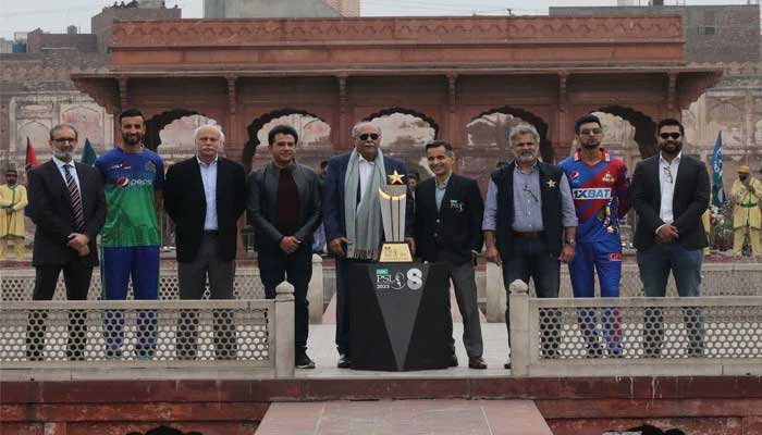 PCB Management Committee Chairperson Najam Sethi (centre) during PSL 8 trophy unveiling ceremony at Shalimar Gardens on February 9, 2023. — PCB.