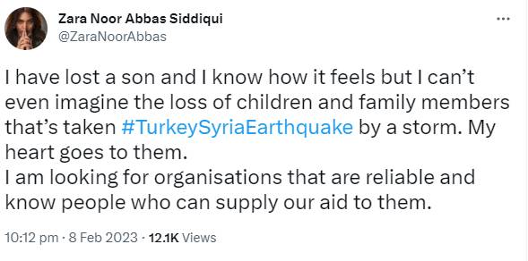 Zara Noor Abbas pens heartfelt note for the victims affected in Turkey-Syria earthquake