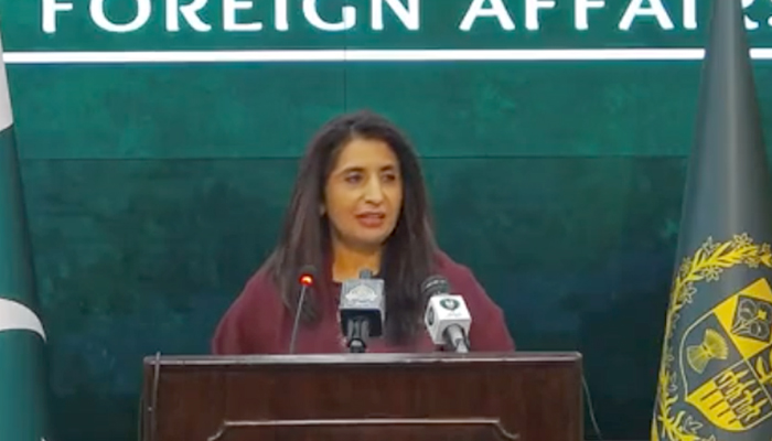 Ministry of Foreign Affairs spokesperson Zahra Baloch during a weekly press briefing in Islamabad on February 9, 2023, in this still taken from a video. — Facebook/MoFA