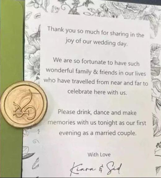 Kiara Advani-Sidharth Malhotras mushy note for wedding guests goes viral on internet