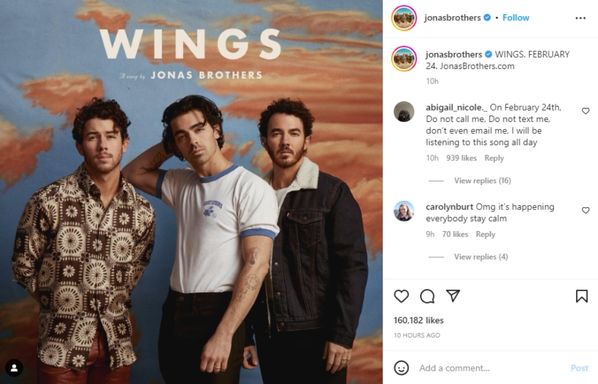 Jonas Brothers tease release date for new single ‘Wings’