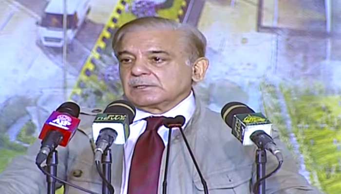 Prime Minister Shehbaz Sharif speaking during a ceremony after laying the foundation of Bab-e-Pakistan in Lahore. — YouTube screengrab/ PTV News Live
