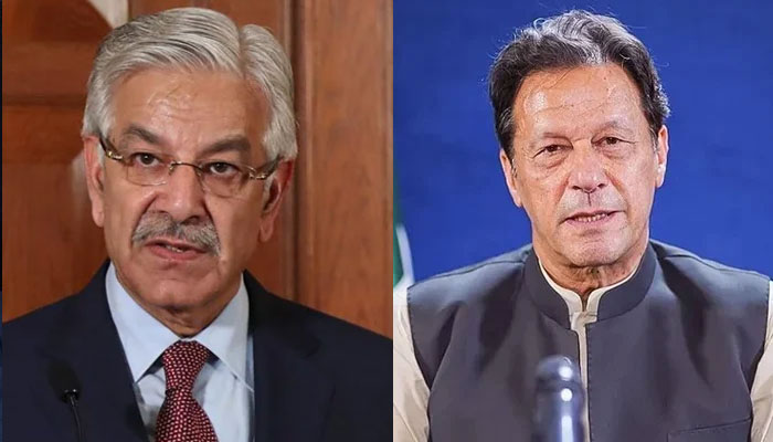 This combination photo shows Defence Minister Khawaja Asif (left) and PTI Chairman Imran Khan (right). — AFP/ PTI Instagram/File