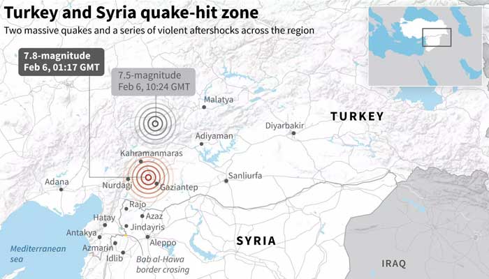 اس نقشے میں ترکی اور شام کا زلزلہ زدہ علاقہ دیکھا گیا ہے۔ — اے ایف پی/فائل