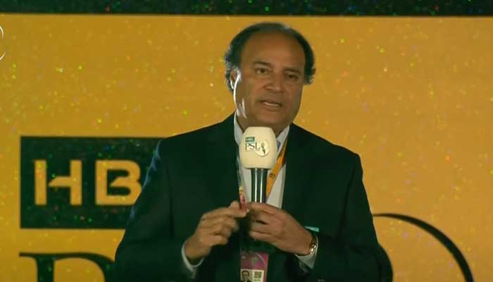HBL CEO Muhammad Aurangzeb speaks to the crowd during the opening ceremony of the PSL 8 in Multan on February 13, 2023, in this still taken from a video. — YouTube/GeoNews