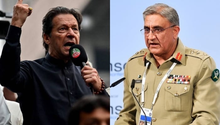 A collage of PTI Chairman Imran Khan (left) and former army chief Gen (retd) Qamar Javed Bajwa. — AFP/File