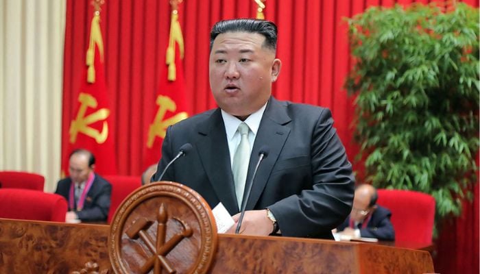 This picture taken on Oct. 17, 2022 released by North Koreas official Korean Central News Agency (KCNA) on Oct. 18 shows North Korean leader Kim Jong Un delivering a speech at the Central Academy of the Workers Party of Korea in Pyongyang.— AFP
