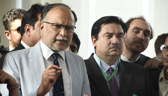 Minister for Planning Development and Special Initiatives Ahsan Iqbal speaking at a press conference on March 24, 2022.— ONLINE
