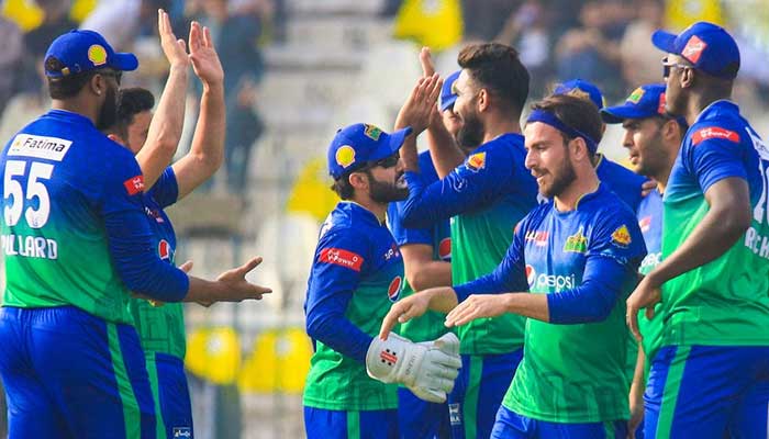 Multan Sultans celebrate after defeating Islamabad United in the seventh PSL match at the Multan Cricket Stadium on February 19, 2023. — Twitter/@thePSLt20