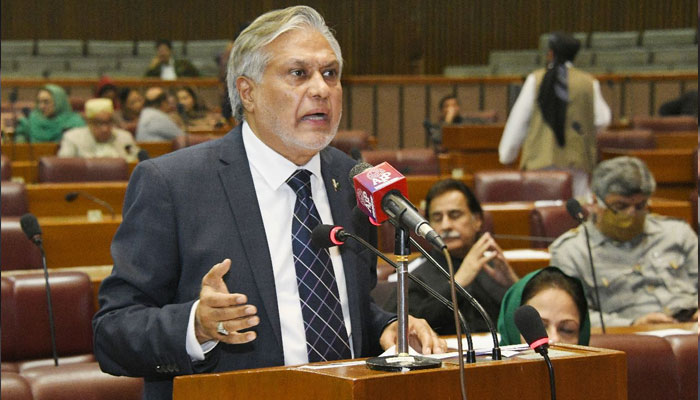 Federal Minister for Finance and Revenue Ishaq Dar addresses the National Assembly on February 20, 2023. — Twitter/@NAofPakistan