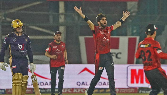 Lahore Qalandars captain Shaheen Afridi celebrates during the 10th match of the eighth edition of the Pakistan Super League in National Bank Cricket Arena, Karachi on February 21, 2023. — PSL