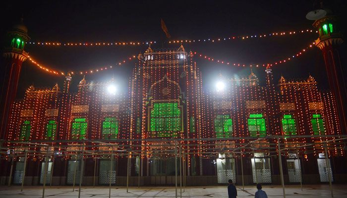 An illuminated view of a mosque with colourful lights in connection with Shab-e-Barat at Garhi Shahu area of Lahore. — Online/File