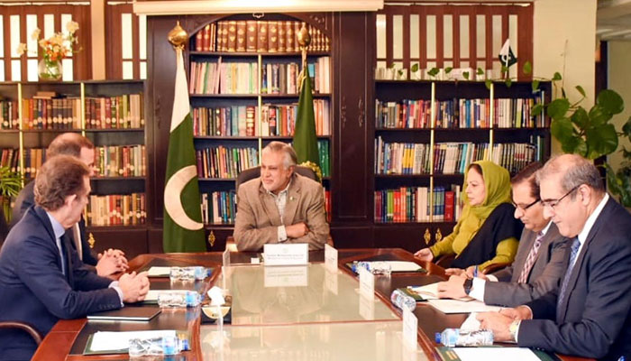 A delegation of Rothschild and Co comprising Eric Lalo, Partner and Thibaud Fourcade, Managing Director call on Finance Minister Ishaq Dar in Islamabad on February 21, 2023. — PID