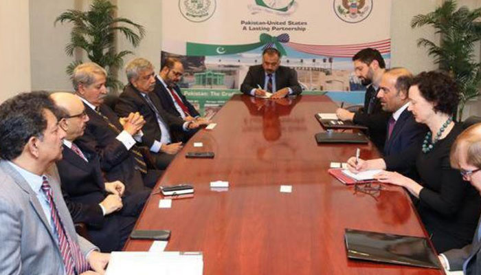 Commerce Minister Syed Naveed Qamar meets with U.S. Special Representative for Commerce and Commerce Dilawar Syed at the Pakistani Embassy in Washington on February 22, 2023. The News