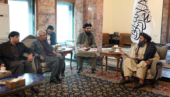 Defence Minister Khawaja Asif with his delegation meets Deputy Prime Minister Mullah Abdul Ghani Beradar Akhund and others in Kabul on February 22, 2023. —  Twitter/@FDPM_AFG