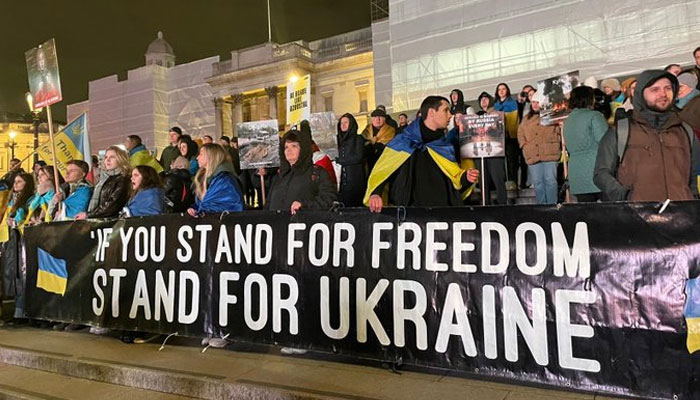 People gathered at Trafalgar Square in Central London on February 24, 2023 to support Ukraine. — Twitter