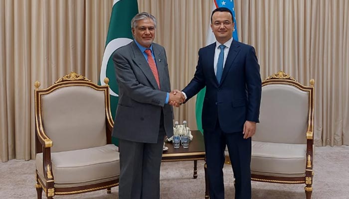 Federal Minister for Finance and Revenue Ishaq Dar shakes hands with Uzbekistans Minister of Investments, Industry and Trade Laziz Kudratov during the Inter-governmental Commission (IGC) held in Uzbekistan on February 24, 2022. — Photo by author