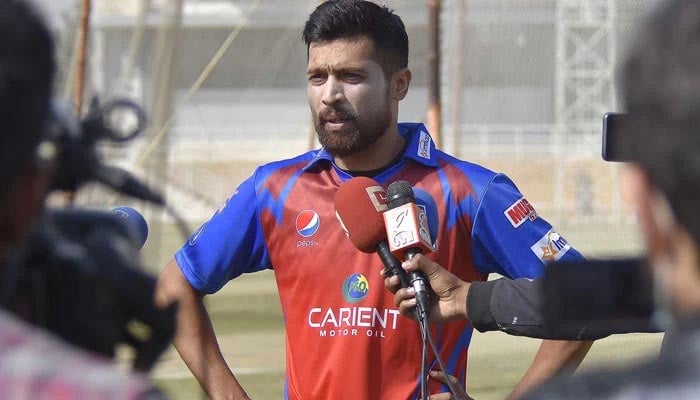 Karachi Kings player Muhammad Amir is taking to the media during a practice session for Pakistan Super League in this undated image. — INP/File