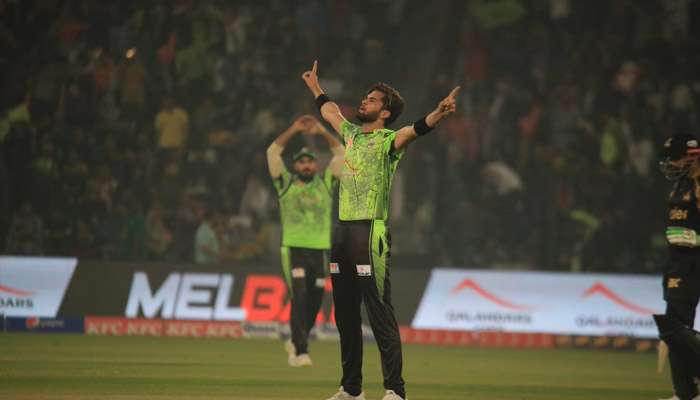 Lahore Qalandar captain Shaheen Afridi celebrates during the 15th match of the Pakistan Super League (PSL) at the Gaddafi Stadium in Lahore on February 26, 2023. — Twitter/ @lahoreqalandars
