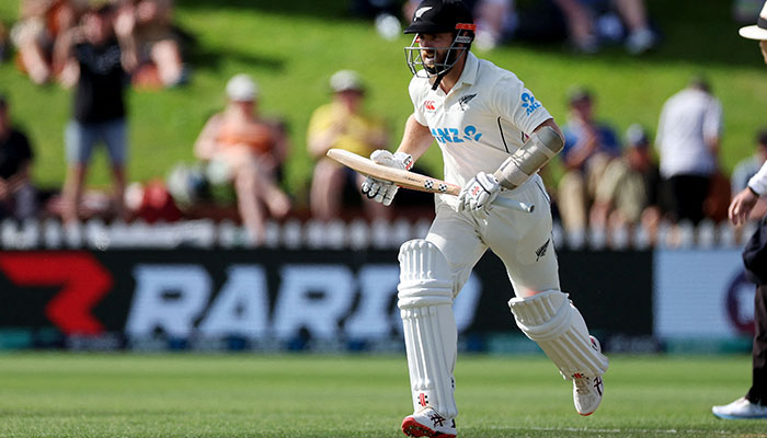 New Zealand´s Kane Williamson makes a run and become the highest run-scorer in New Zealand history during day four of the second cricket test match between New Zealand and England at the Basin Reserve in Wellington on February 27, 2023. AFP