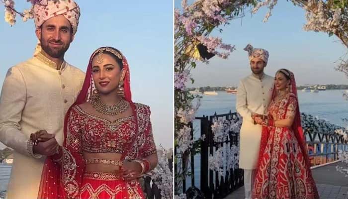 Pakistani drama actor Ushna Shah with her husband Hamza Amin at her wedding ceremony. — Instagram