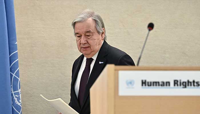 BM Genel Sekreteri Antonio Guterres, 27 Şubat 2023'te Cenevre'de düzenlenen 52. BM İnsan Hakları Konseyi toplantısında bir konuşma yapmak üzere geldi. — AFP