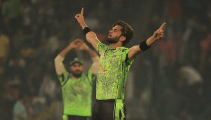 Lahore Qalandars captain Shaheen Shah Afridi celebrates during the 15th match of the eighth edition of the Pakistan Super League played in the Gaddafi Stadium in Lahore on February 26, 2023. — PSL