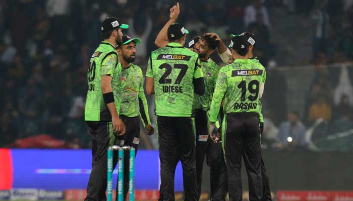Lahore Qalandars celebrate a wicket of the Quetta Gladiators taken by Haris Rauf at the Gaddafi Stadium in Lahore on March 2, 2023. — Twitter/@lahoreqalandars