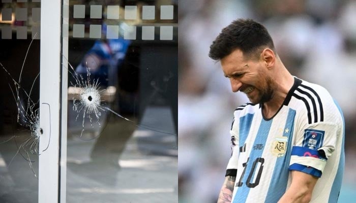 Soldaki Arjantinli futbolcu Lionel Messi'nin kurşunla delinmiş aile mağazasının fotoğrafı.  — AFP/Dosya