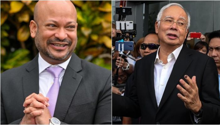 Former 1MDB chief Arul Kanda Kandasamy(L) and Malaysias former prime minister Najib Razak.— AFP