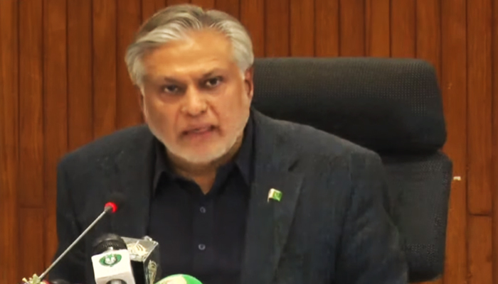 Federal Minister for Finance and Revenue Ishaq Dar addressing a press conference on March 3, 2023, in Islamabad, in this still taken from a video. — YouTube/Geo News
