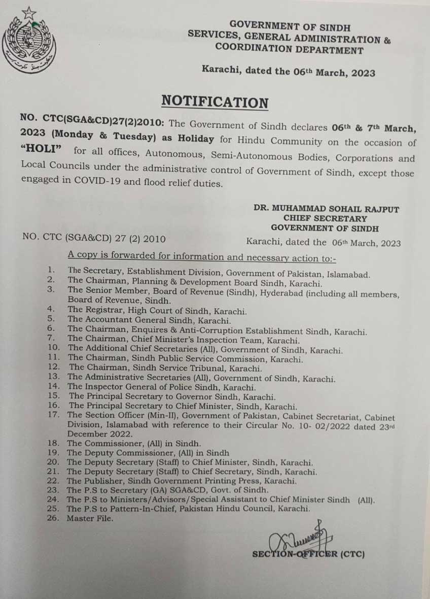 Notification of the Sindh government. — Provided by author