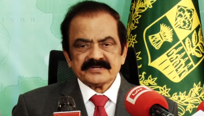 Interior Minister Rana Sanaullah addresses a press conference in Islamabad, on March 6, 2023, in this still taken from a video. — YouTube/PTVNewsLive