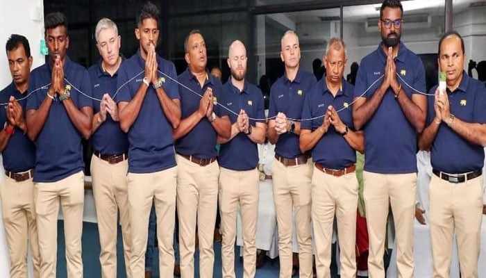 Sri Lankas Test squad photographed before flying to New Zealand on February 27, 2023. Twitter/NewsWireLK