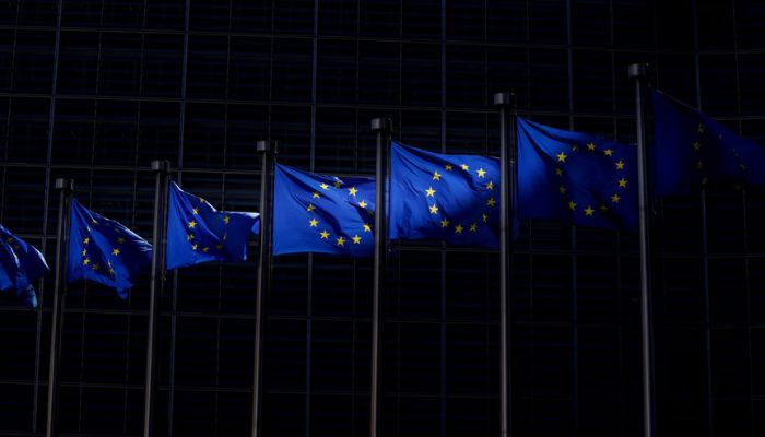 Resim, karanlıkta birden fazla Avrupa Birliği bayrağı gösteriyor.— AFP/dosya
