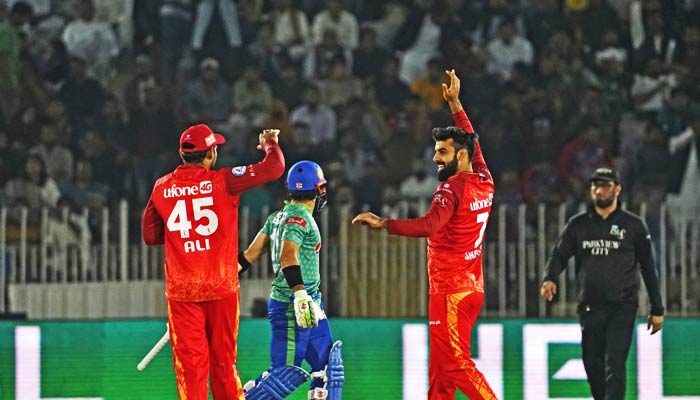 Islamabad United players during the 24th match of the eighth season of Pakistan Super League (PSL) at the Pindi Cricket Stadium in Rawalpindi on March 7, 2023. — PSL
