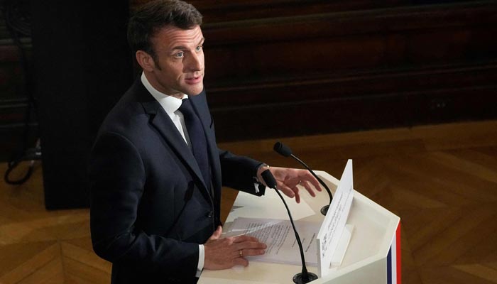 French President Emmanuel Macron delivers a speech during a ceremony in tribute to late French feminist figure Gisele Halimi at Paris courthouse, on March 8, 2023. — AFP
