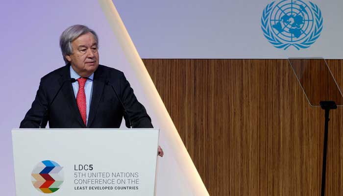 Birleşmiş Milletler (BM) Genel Sekreteri Antonio Guterres, 5 Mart 2023'te Doha'da düzenlenen 5. En Az Gelişmiş Ülkeler Konferansı'nda (LDC5) konuşuyor. — AFP