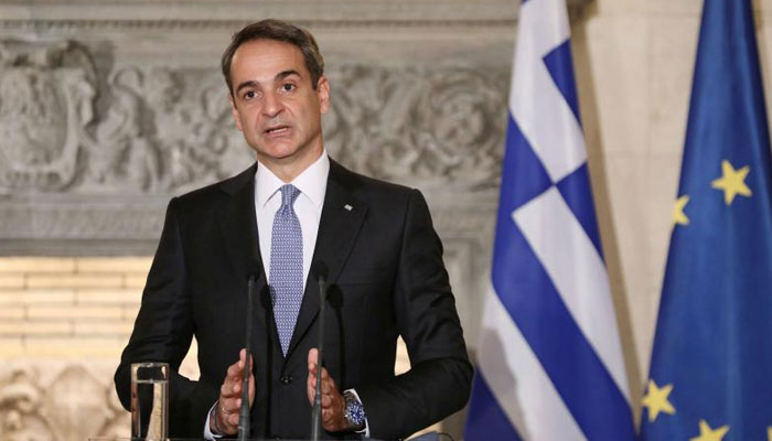 Greek Prime Minister Kyriakos Mitsotakis speaks during a joint news conference with Egyptian President Abdel Fattah al-Sisi at Maximos Mansion in Athens, Greece, November 11, 2020. (AFP)