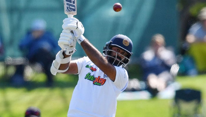 Sri Lanka´s Lahiru Kumara bats during the second day of the first Test cricket match between New Zealand and Sri Lanka at Hagley Oval in Christchurch on March 10, 2023. AFP
