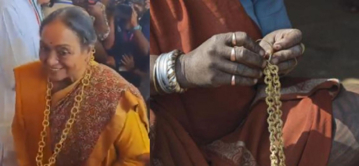 A screenshot comparison between the garlands seen in the video used in the false post (left) and an image of the Baiga-made garland from the INTACH website (right).