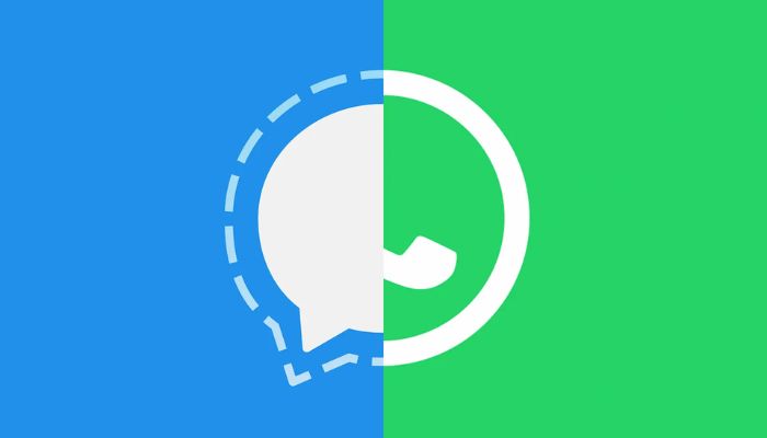 Image shows combined logos of encrypted messaging services WhatsApp (r) and Signal (l)—Twitter/@whatsapp, @signalapp