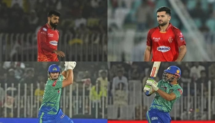 (Clockwise) Islamabad Uniteds Shadab Khan, Fazalhaq Farooqi, Multan Sultans Tim David during the Pakistan Super League. — PCB