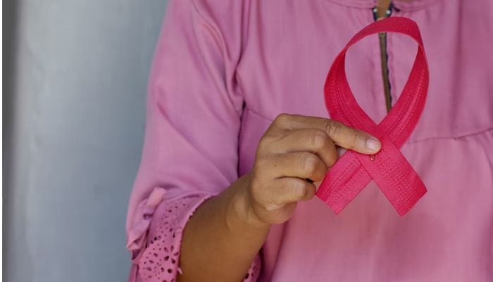Donna con in mano un nastro rosa come consapevolezza per la Giornata contro il cancro al seno, 1 ottobre. — Unsplash